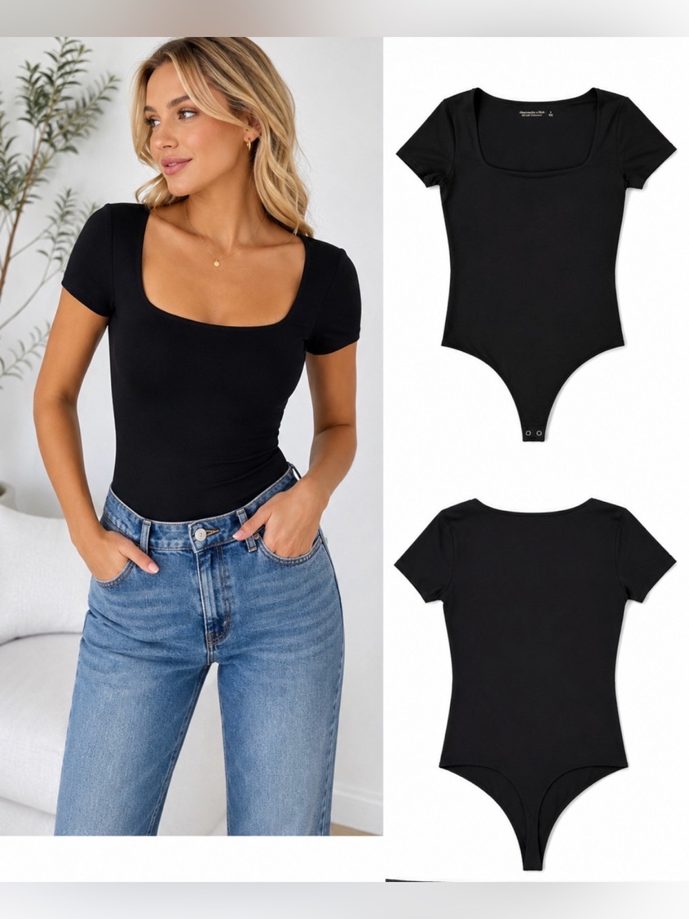 Abercrombie & Fitch Soft A&F Collection Black Square Neck Bodysuit Size Small